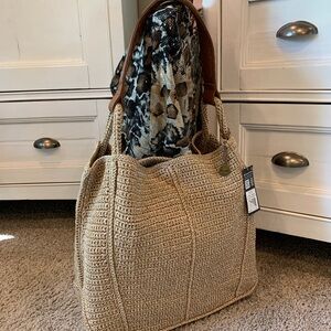 NWT The Sak Tan Crochet Large Tote with Brown Leather Handles Originally $299